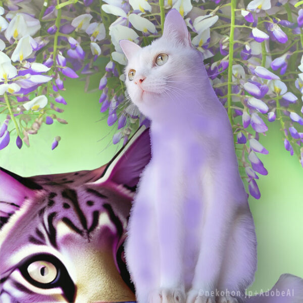 藤色の猫と紫色の山猫の頭、藤の花